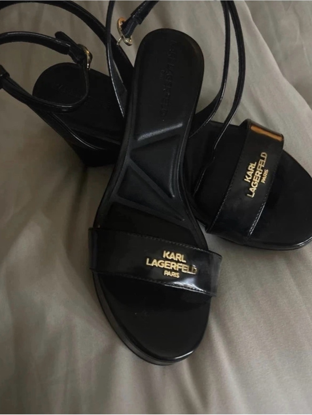 Karl Lagerfeld Black Patent Leather Strappy Block Heel Sandals